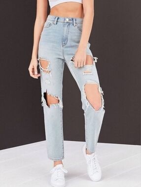 BDG Super Distressed High-Waisted Mom Jeans Grunge Light Wash Size 29 US 8